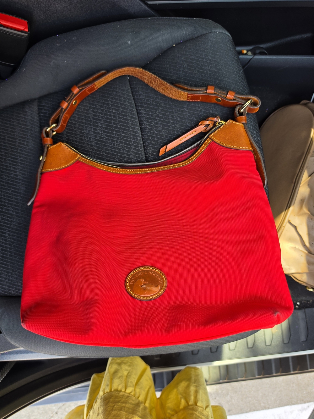 Dooney & Bourke Red Canvas Shoulder Hobo with Brown Leather Trim